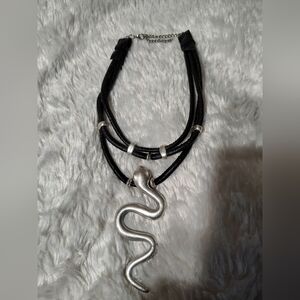Vintage 90s Silver Snake Serpent Pendant Black SilverTone Necklace/ Info